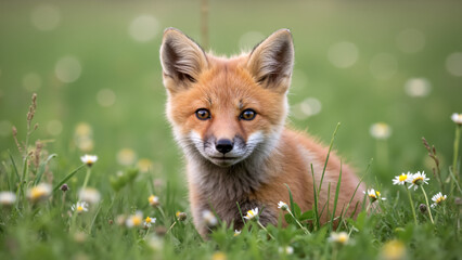 Naklejka premium A young red fox cub sitting in a grassy field with daisies. Cute baby fox looking at the camera in a spring meadow.