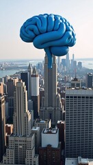 Ok Brain-shaped structure floating above city skyline symbolizing intelligence and modern progress