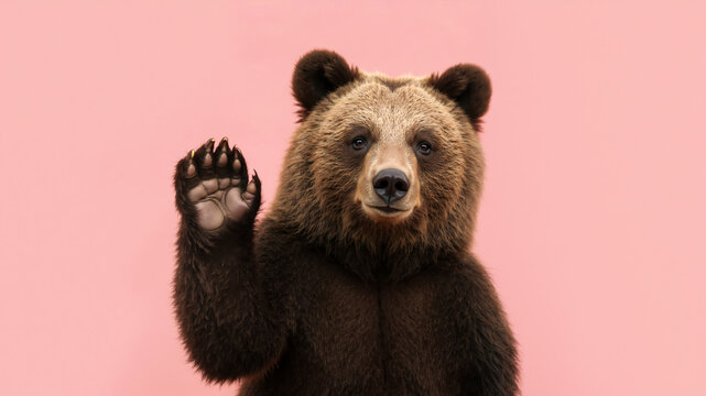A cute young brown bear cub waving its paw. Friendly baby bear greeting on a pink background. Funny wildlife concept.