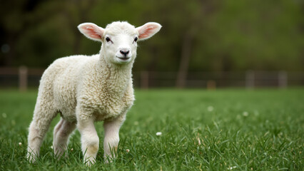 Obraz premium A young white lamb standing in a green grassy field. Cute baby sheep on a farm in spring. Agriculture concept with copy space.