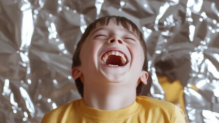 A boy is smiling and laughing. He is wearing a yellow shirt. He has a white stripe on his shirt