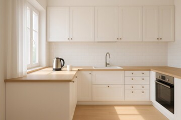 Sunlit minimalist kitchen boasting white cabinets, wooden countertops, and modern appliances, creating a clean and inviting space