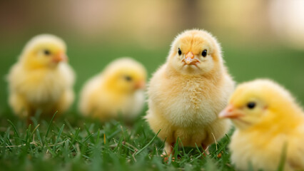 Fototapeta premium A group of cute yellow baby chicks on green grass. Four small fluffy chickens together in a spring meadow. Easter and new life concept.