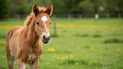A young brown foal with a white mark on its face in a green pasture. Cute baby horse standing in a field with yellow flowers. Copy space for text.