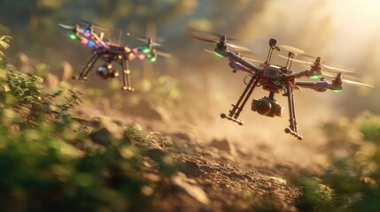Two Drones Flying Over a Hilly Terrain at Sunset
