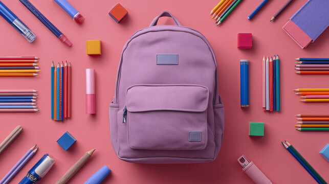 Top view of academic essentials including a backpack and supplies arranged on a solid color backdrop — ideal for student life or classroom themes.

