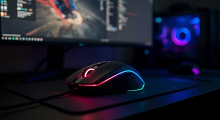A computer mouse on a desk with a monitor in the background showing a gaming mouse glowing on a dark rgb-lit desk with a monitors in background