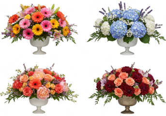 Photo of four vibrant floral arrangements in decorative vases, isolated on transparent background, creating a stunning visual display