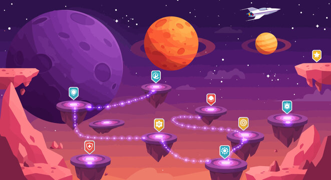 Vibrant cosmic game map with floating islands, planets, and spaceship, perfect for educational apps or fantasy adventures