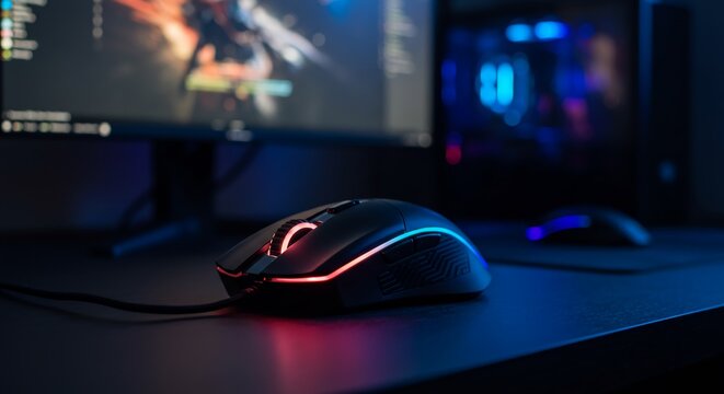 A computer mouse on a desk with a monitor in the background showing a gaming mouse glowing on a dark rgb-lit desk with multiple monitors in background - Powered by Adobe