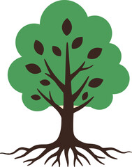 A stylized illustration of a tree with green leaves, brown trunk, and visible roots.