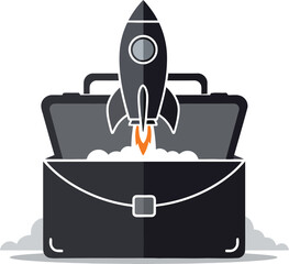 A rocket launches from an open briefcase, symbolizing business startup, innovation, and new ventures.