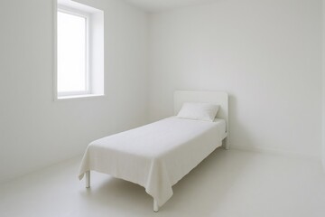Bright natural light illuminating minimalist white bedroom with single bed, creating a serene and peaceful atmosphere