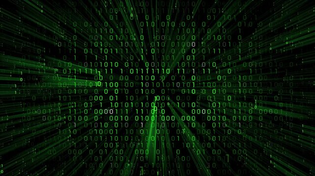 Green matrix style binary code blinking and falling down, light rays - 3D 4k animation (3840 x 2160 px)
