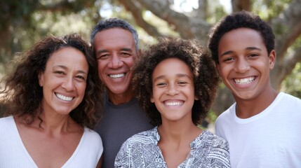 Happy biracial family of four smiling together outdoors