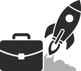 A briefcase launching skyward on a rocket, symbolizing rapid business growth and success.