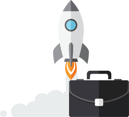 A rocket ship taking off next to a briefcase, symbolizing business growth and success.