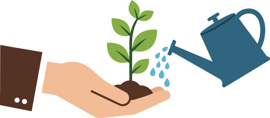 Nurturing growth: a hand carefully cradles a young plant while a watering can gently provides water.