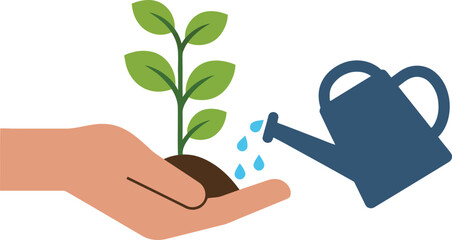 A hand holding a small plant, being watered by a watering can.