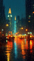 Obraz premium Rainy Night Cityscape View From Window