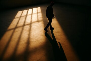 Silhouette of man walking in dark room with long shadows projected on the floor by window light