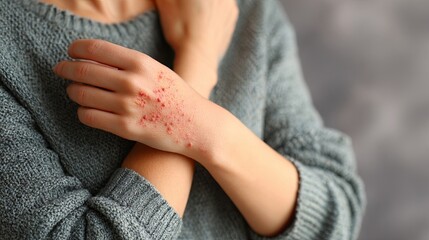 Woman with Skin Rash Scratching Arm in Sweater