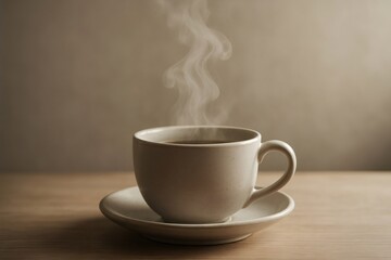 Aromatic steam rising from a hot cup of coffee, creating a tranquil and inviting atmosphere on a wooden table