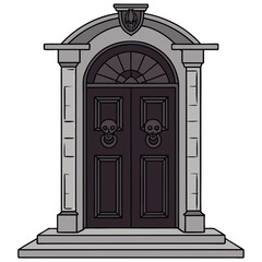 Illustration of a mysterious gothic door with stone pillars and steps