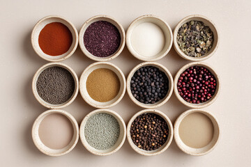 Top view of twelve ceramic bowls filled with a variety of colorful spices and herbs. Arranged neatly on a beige background in a grid layout, perfect for culinary and kitchen-themed visuals