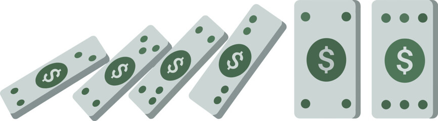 Falling domino-style stacks of stylized dollar bills, suggesting financial instability or a chain reaction.