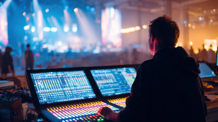 Lighting technician working at digital control panel during a live concert event