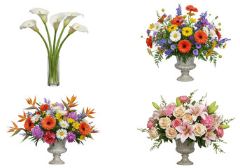 Photo of four colorful floral arrangements in ornate vases, isolated on transparent background, bringing a touch of nature indoors