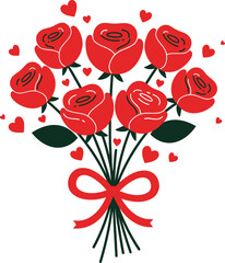 A bouquet of red roses tied with a ribbon, surrounded by hearts.