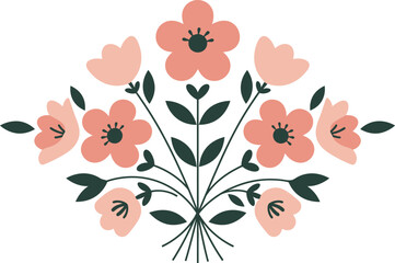 A stylized bouquet of pink flowers with dark green stems and leaves.