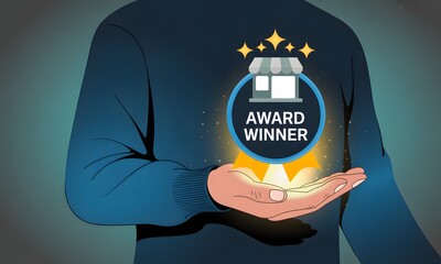Business Excellence: A hand holding a stylized Award Winner emblem above an illuminated shop icon, signifying entrepreneurial achievement.
