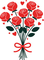 A vibrant bouquet of red roses tied with a red ribbon, surrounded by small hearts.