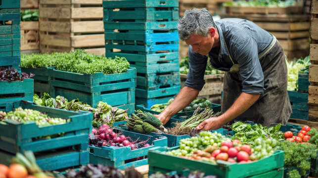 Man arranging fresh vegetables in wooden crates at an outdoor farmers market surrounded by colorful produce in a rustic and organic setting