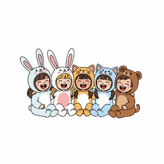 Cute Cartoon Five Little Girls Wearing Animal Costume Illustration