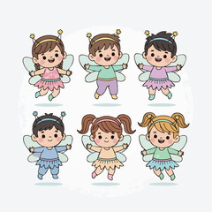 Cute Cartoon Smiling Fairy Character with Wings Illustration Set