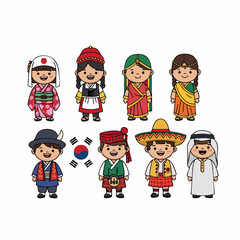 Cute Handdrawn Style Diverse Children in Traditional Clothing and Costumes Illustration