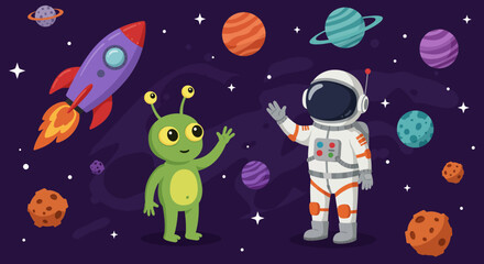Friendly alien waves hello to astronaut exploring vibrant galaxy with rockets and planets, sparking cosmic wonder and imagination