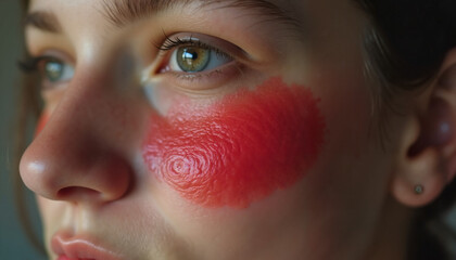 Young woman with red face paint closeup on cheek looking thoughtfully  