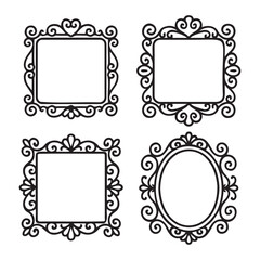 set of ornate decorative picture frames in a black and white silhouette design with empty Decorative Vintage Frame Set Illustration