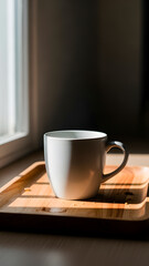 White mug on wooden tray sits bathed in morning sunlight by a window for a cozy feeling.