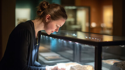 Woman closely examining artifact under glass display in dimly lit museum exhibition