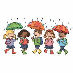Cheerful Flat Illustration of Group of Children Walking Under Umbrella in Rain