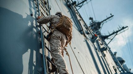 Navy sailor climbing a gangway onto a warship under a clear sky, emphasizing duty, strength, and military readiness