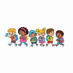 Colorful Cartoon Diverse Children Walking Together to School Illustration