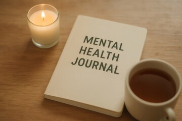 Mental health journal placed on a wooden table next to a burning candle and a cup of tea, creating a peaceful atmosphere for self reflection and journaling