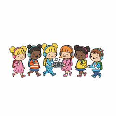 Cute Cartoon Illustration Group of Children Listening Music Together Artwork